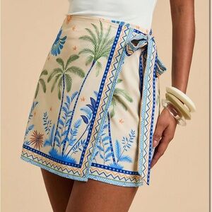 Tropical Palm Print Wrap Mini Skirt in Cream & Blue- XS, NEW